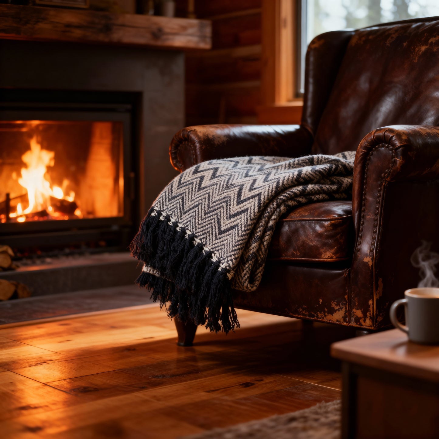 Manta azul geometrica con flecos