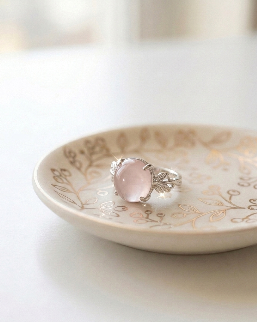 Anillo plateado de cuarzo rosa