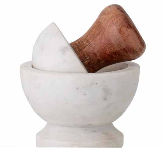 Mortero de marmol blanco Ernfred con mango de marmol y madera