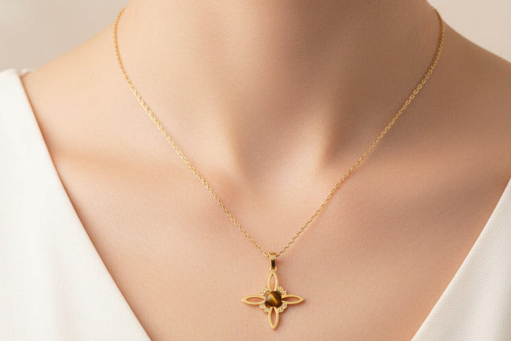 Collar de acero nudo de brujas de ojo de tigre