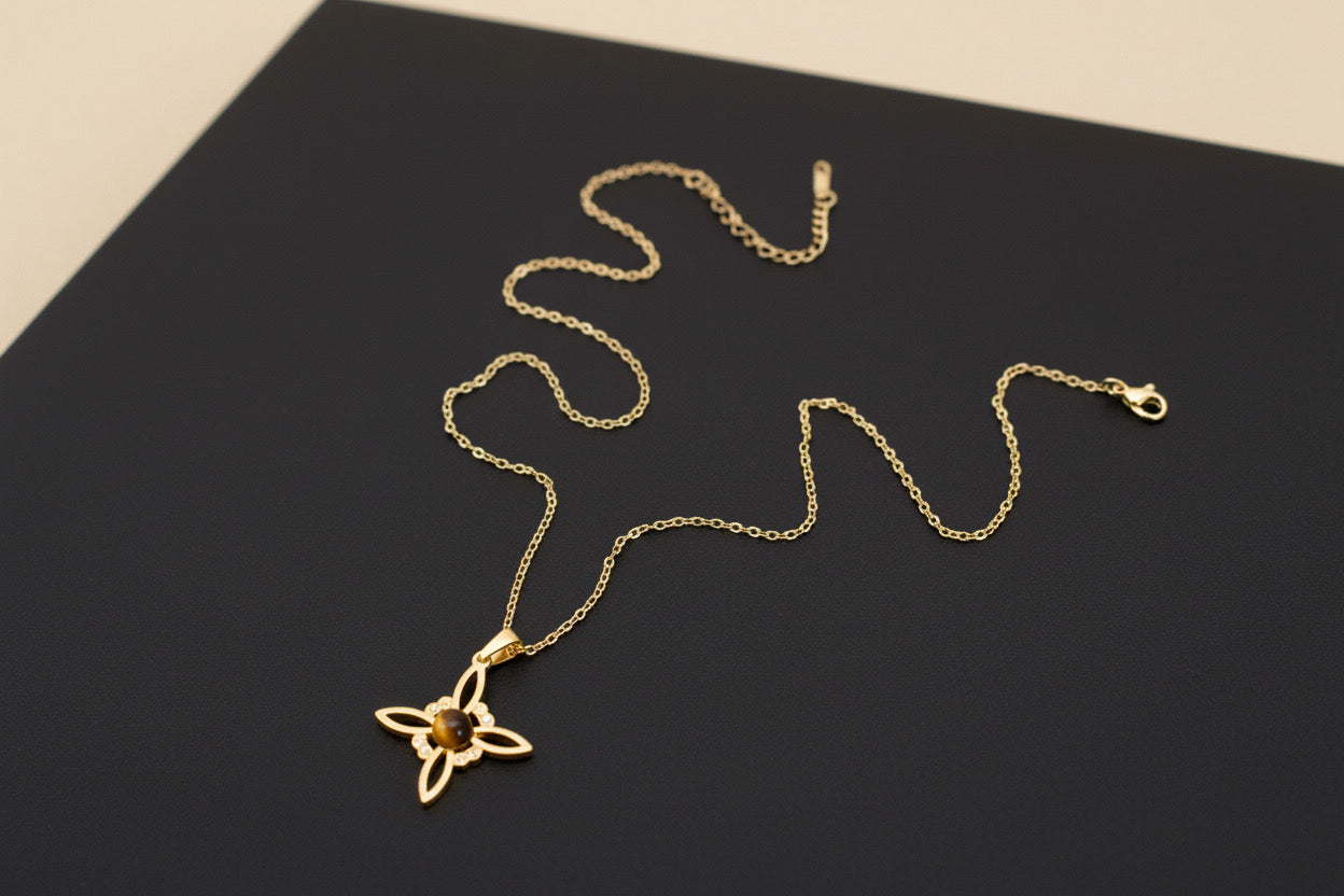 Collar de acero nudo de brujas de ojo de tigre