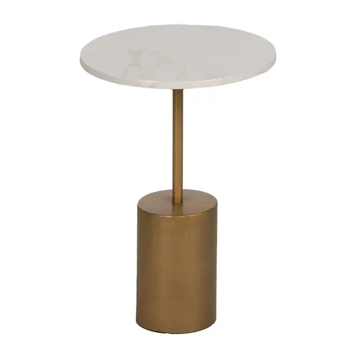 Mesita auxiliar en metal color oro y marmol blanco veteado 