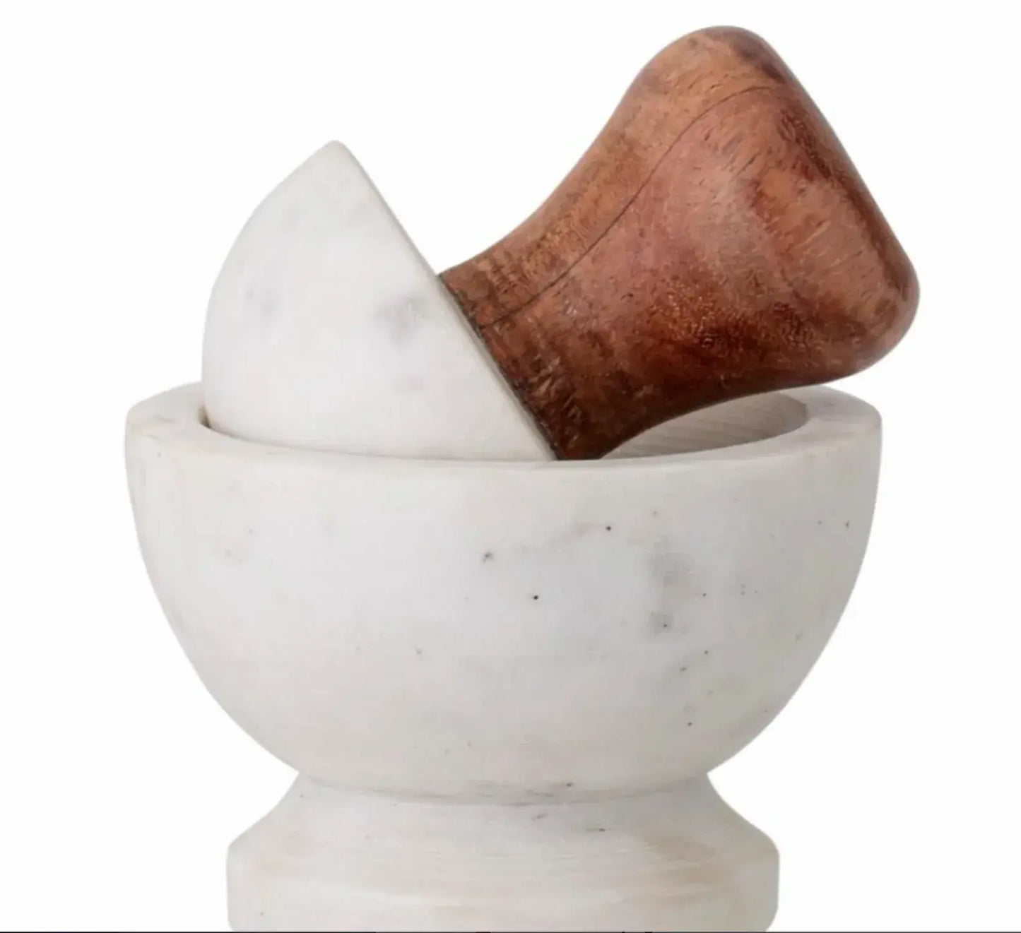 Mortero de marmol blanco Ernfred con mango de marmol y madera - La Quinta Vidal