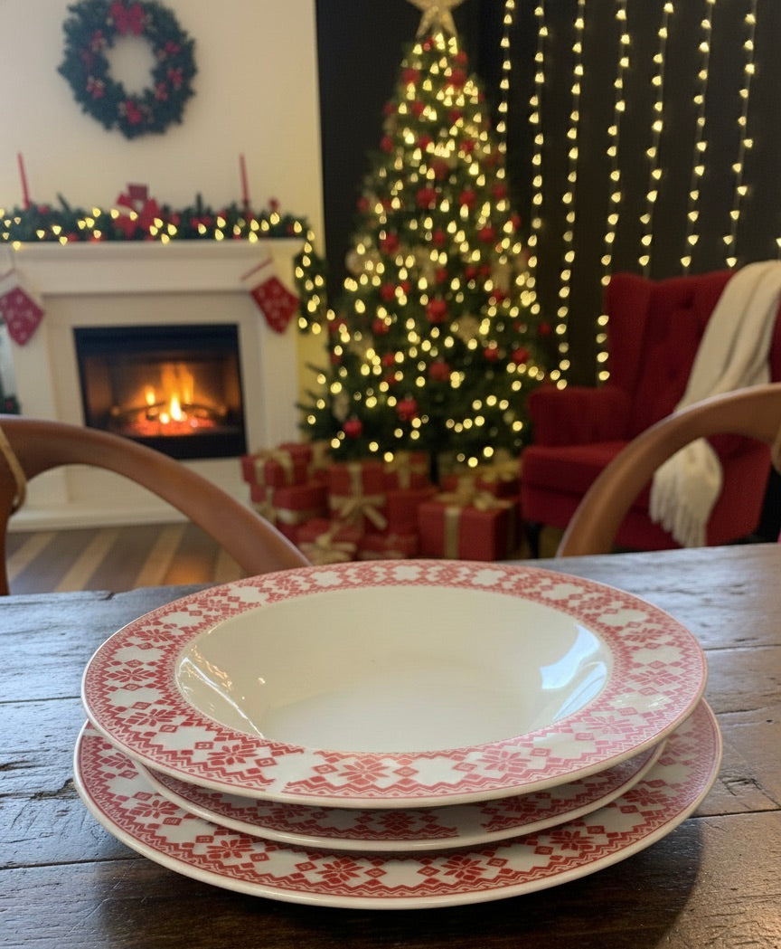 Plato hondo rojo de navidad en porcelana