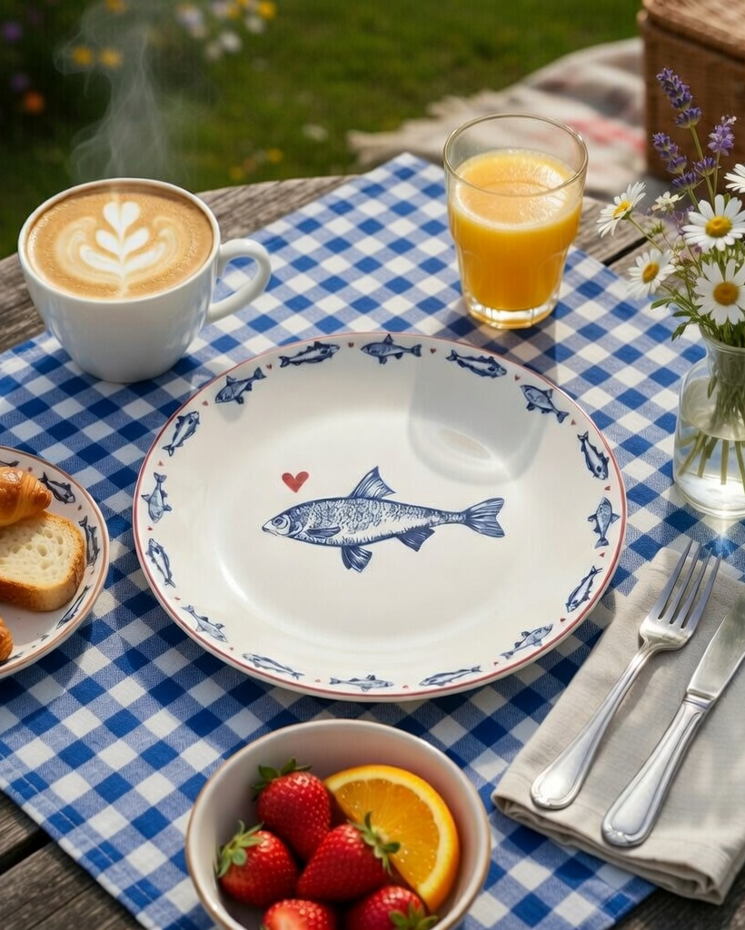 Plato de desayuno con peces de porcelana