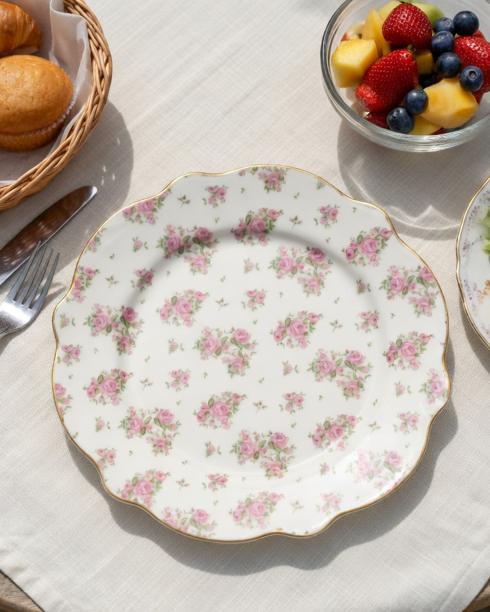 Plato llano de porcelana con flores rosas