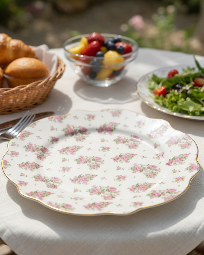 Plato llano de porcelana con flores rosas