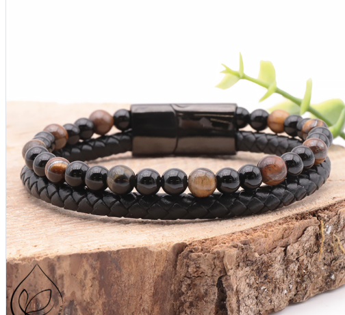 Pulsera de cuero de ojo de tigre y ónix