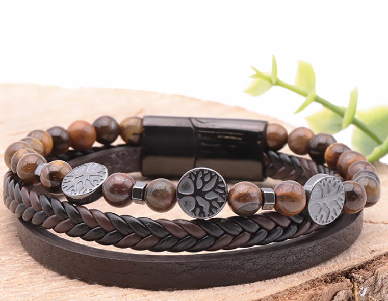 Pulsera de cuero de ojo de tigre y ónix