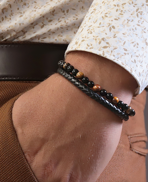 Pulsera de cuero de ojo de tigre y ónix