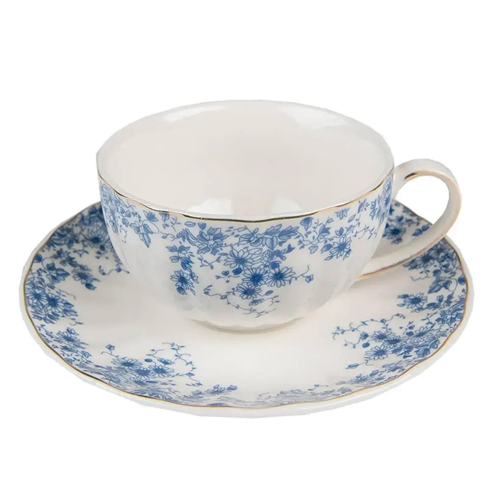 Taza y platillo BFLTKS con flores de porcelana azul blanca, 200 ml 