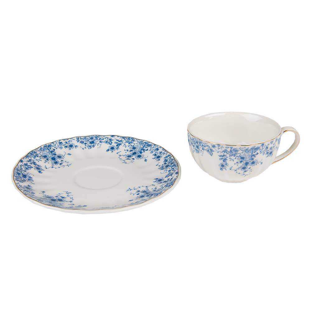 Taza y platillo BFLTKS con flores de porcelana azul blanca, 200 ml 