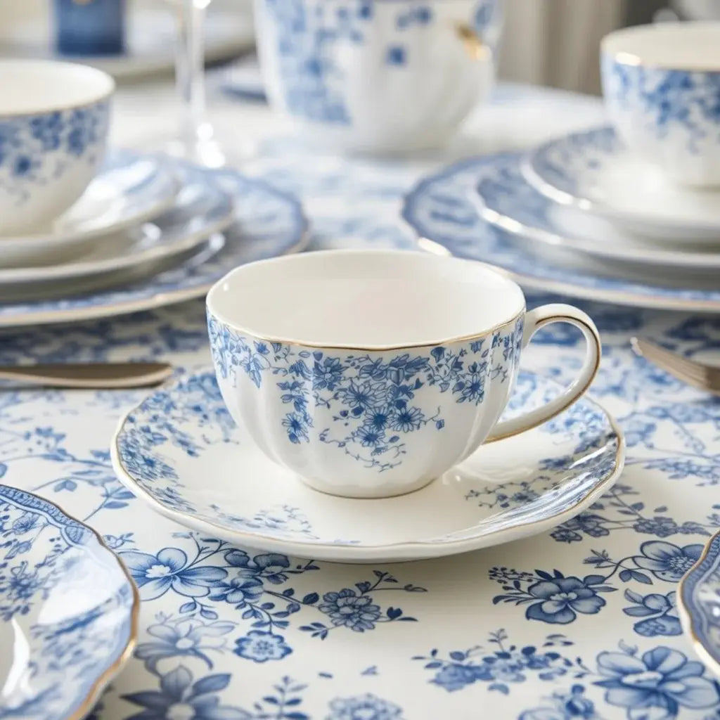 Taza y platillo con flores de porcelana azul y blanca