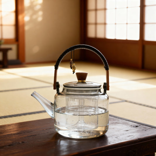 Tetera transparente de vidrio con difusor y mango decorativo