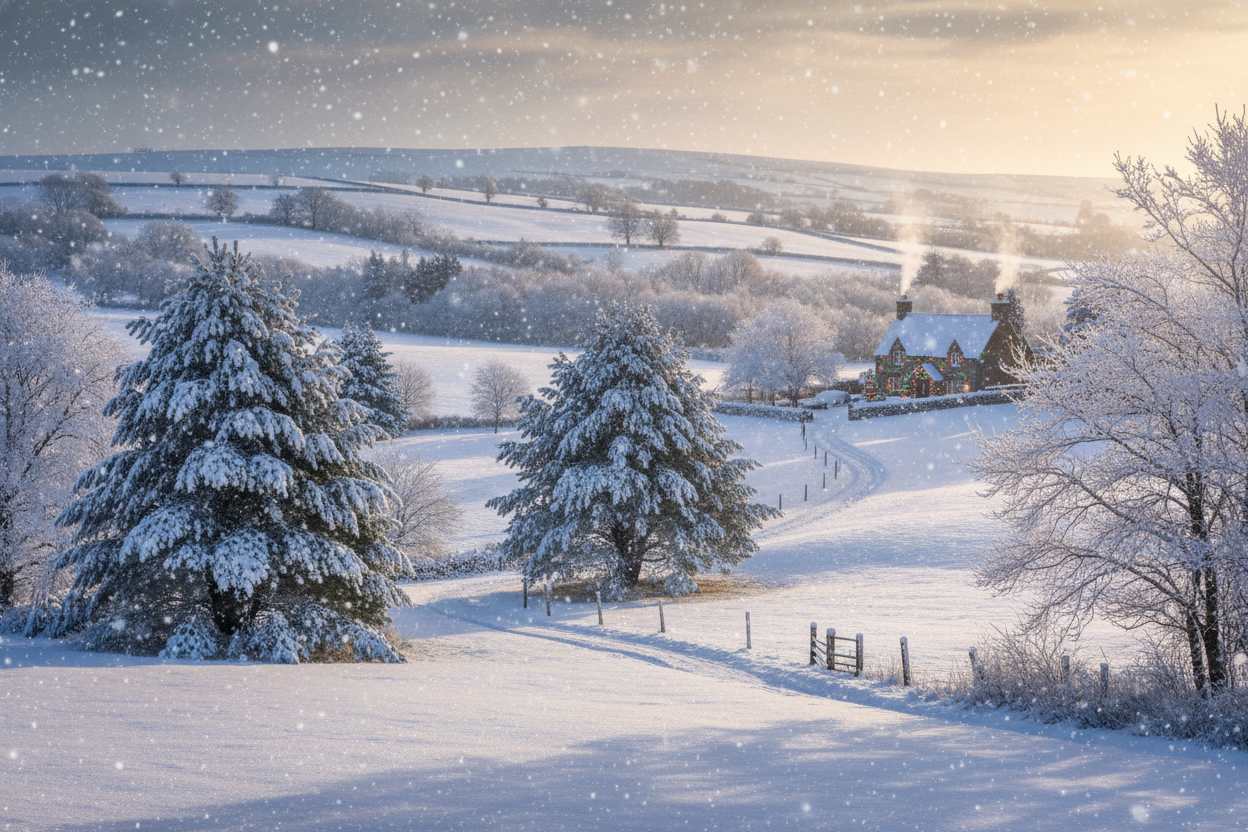 Una escena campestre con nieve y arboles, en época navideña